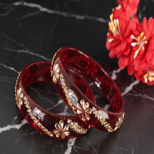 Red Floral Designer Glass Bangle Set of 2 – Stone & Bead Work