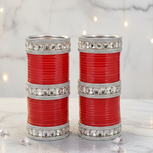 Red Acrylic Bridal Chuda – With Diamond-Cut Stone Bangles & Kada