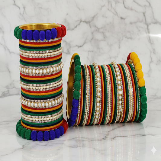 Multicolor Velvet Bridal Chuda – With Zircon & Bead Detailing