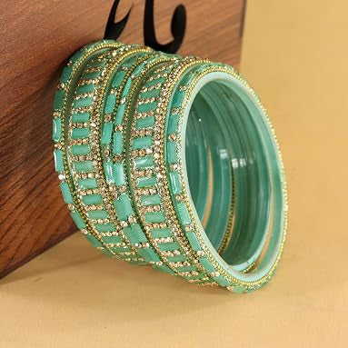 Glass Bangles kada Set With Zircon Stone Work- Pack of 6