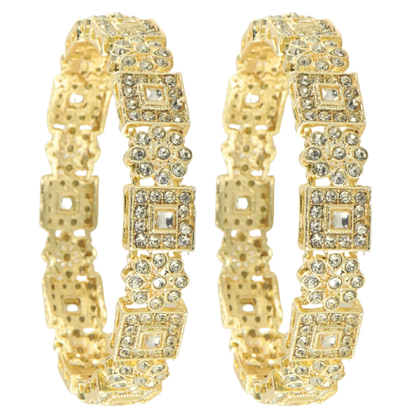 Gold Plated Stone-Studded Bangles with Square Motifs – Set of 2