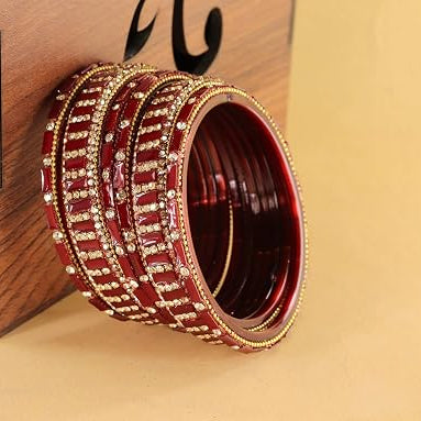 Glass Bangles Kada Set With Zircon Stone Work - Pack of 6