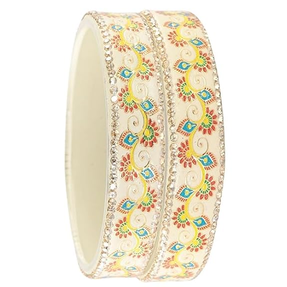 White Floral Design Glass Kada Bangles for Women & Girls | Stone Work Designer Bangles | Set of 2