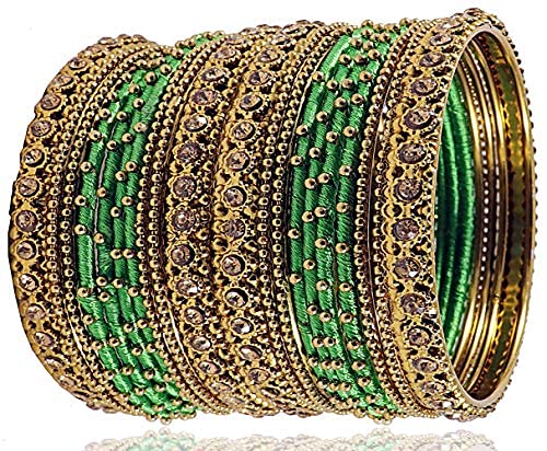 Traditional Golden Zircon & Silk Thread Bangles (T-Green)– Pack of 20