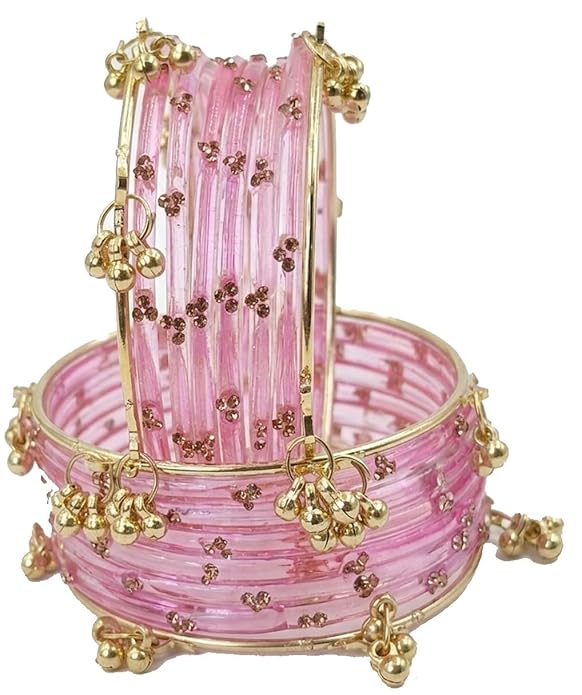 Pink Glass Bangles Set with Gold Metal Ghungroo Pack of 16