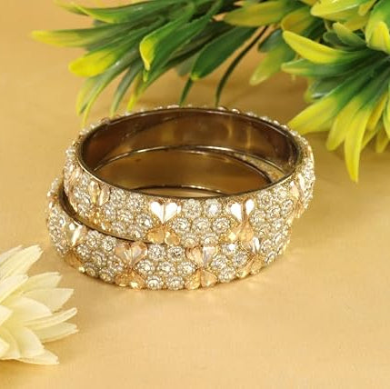 Glass Kada Bangles With Zircon Stone & Kundan Beads - Pack of 2