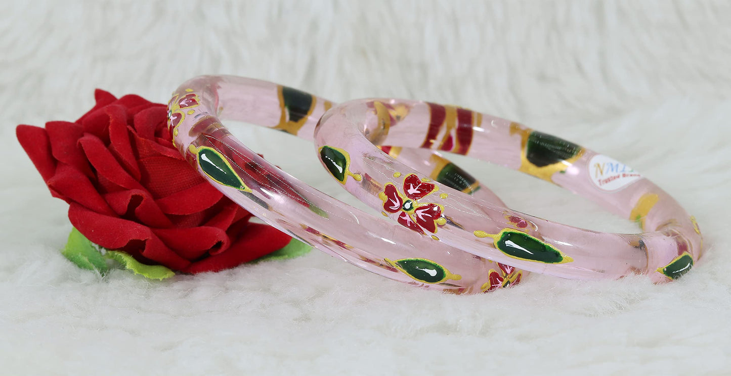 Traditional Pink Glass Bangles – Floral Motif, Pack of 2