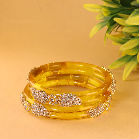 Yellow Glass Bangle with Gold-Tone Rhinestone Kada -Set Of 2