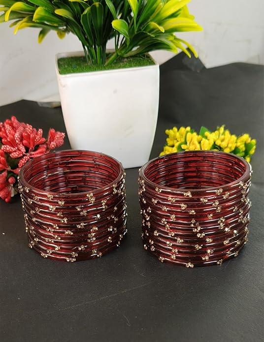 Traditional Maroon Stone Gold Bangles Set Glossy Finish with Golden Stone Work Wear (Pack of 24)