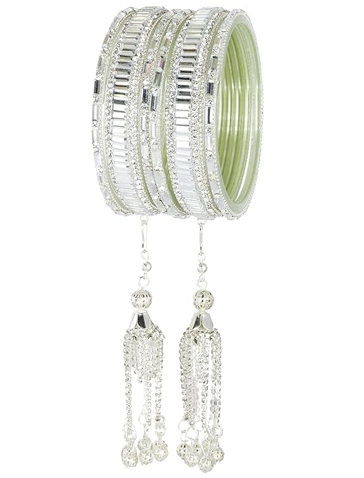 silver Glass Latkan Bangles Set For Wedding, - Set of 6