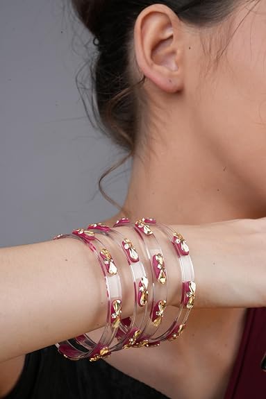 Magenta Glass Kada Set With Golden Zircon Stones & Kundan - Pack of 4