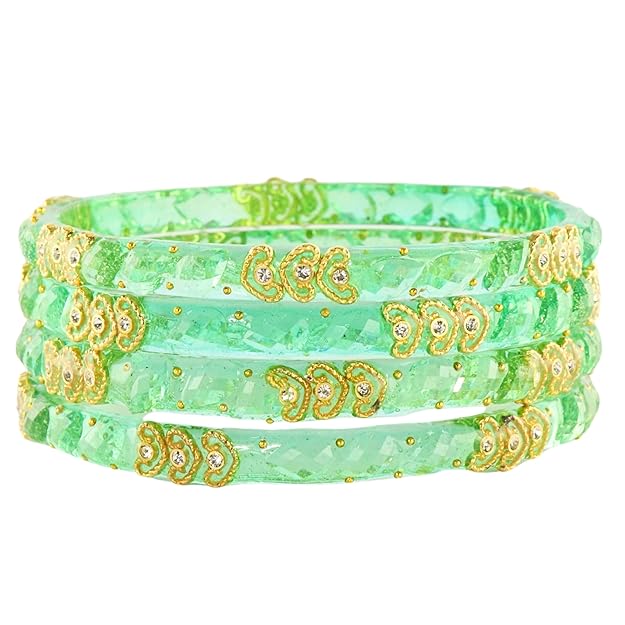 Mint Green Glass Kada with Gold Detailing, Zircon Stones & Heart Beads (Set of 4)