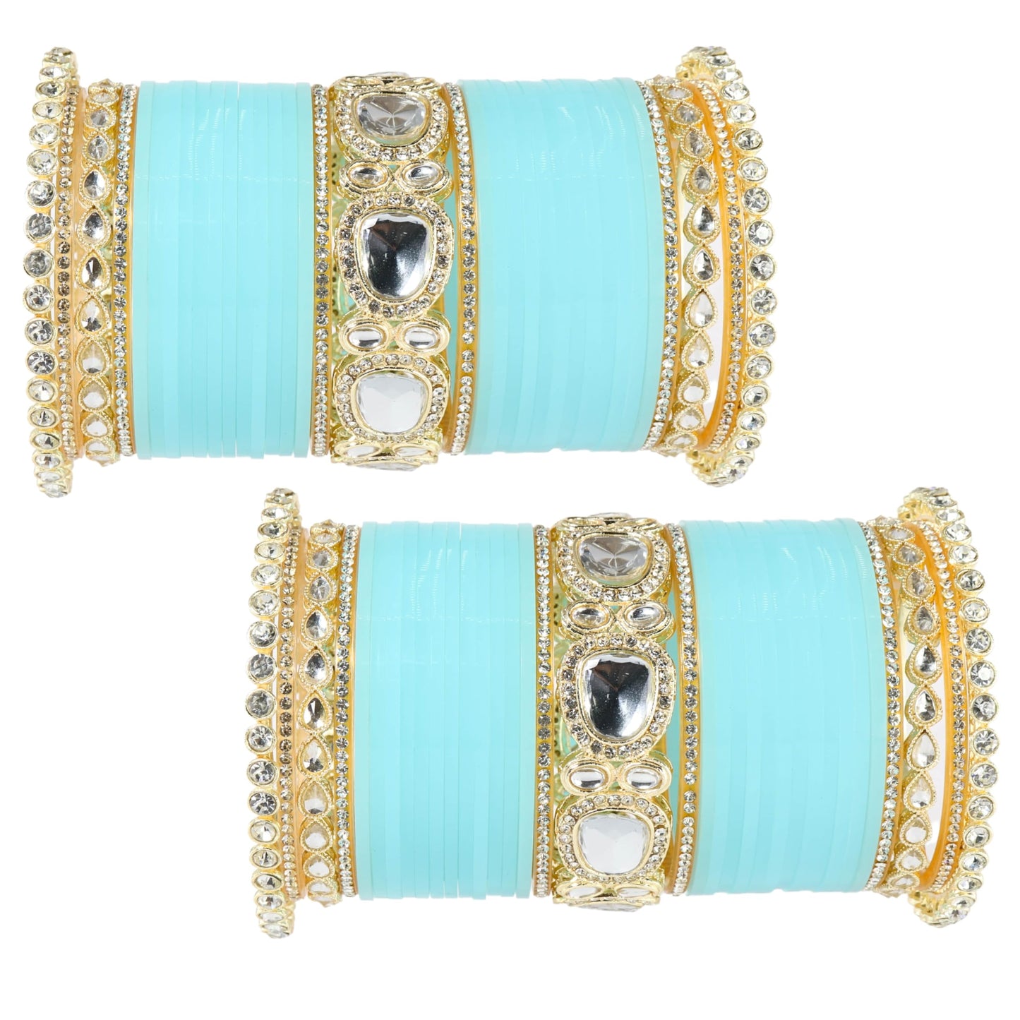 Bridal SkyBlue Metal Gold Chuda Set | Traditional Wedding Bangles for Women | Set of 70
