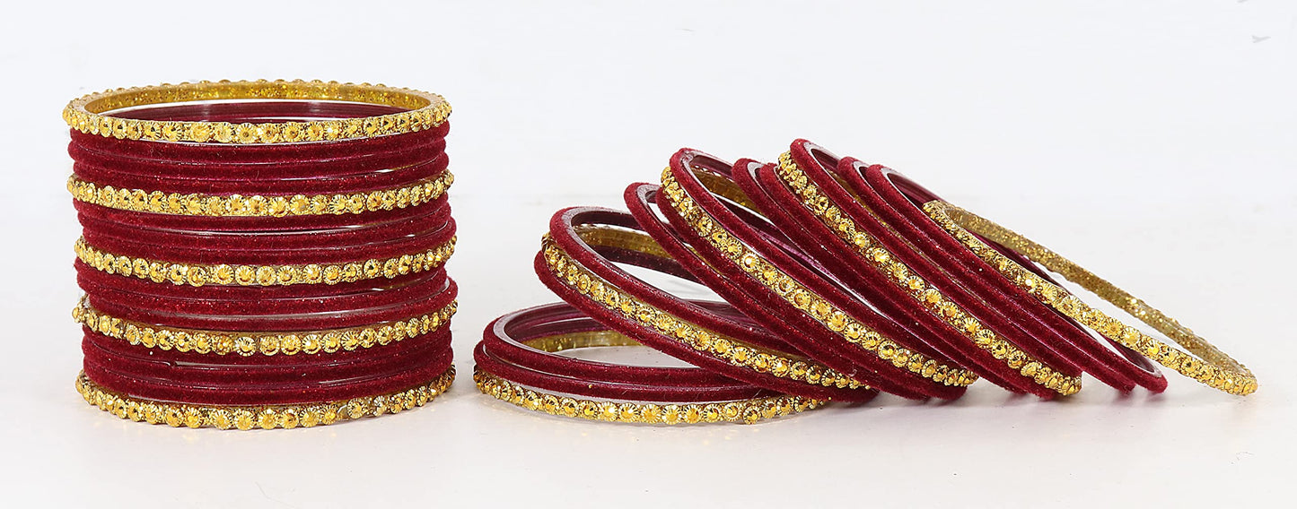 Royal Glow – Maroon Velvet & Glass Bangles Set (34 Pieces)