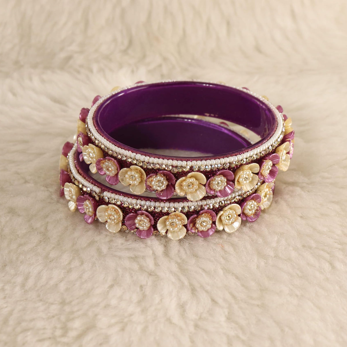 Wine Premium Floral Pearl Studded Kada Set - Set of 2