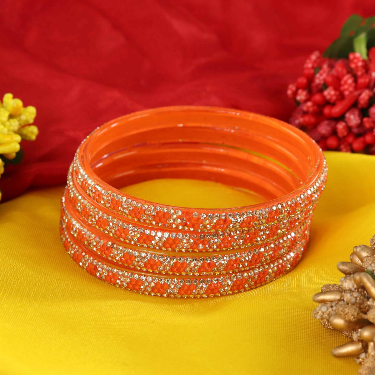 Orange Premium Stone Studded Kada Set - Set of 4