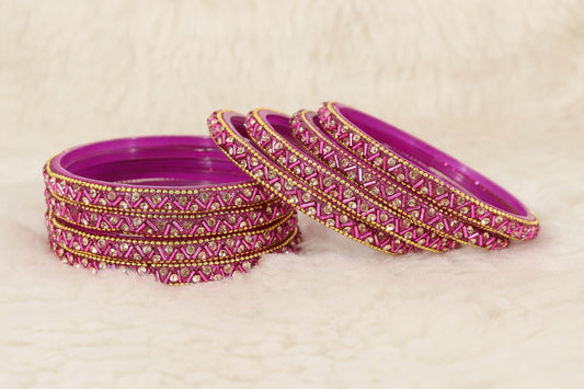 Magenta Glass Bangles Set For Girls and Women Studded Zircon Gemstone and Beads I women bangles I (Pack of 8)