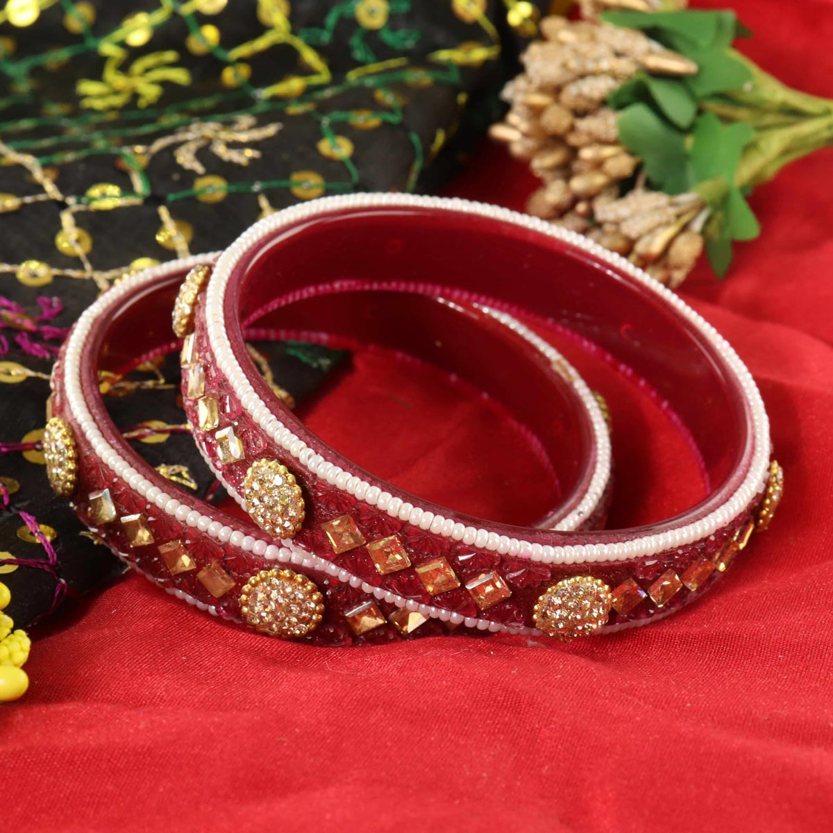 Red Floral Embossed Pattern with Square Stone Kada- Set of 2