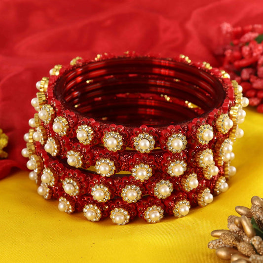 Red Gold-Tone Kundan & Pearl Stone Work - Set of 4