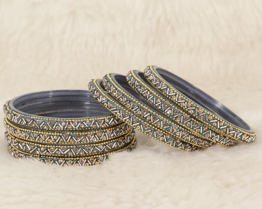 Grey Glass Bangles Set For Girls and Women Studded Zircon Gemstone and Beads I women bangles I (Pack of 8)