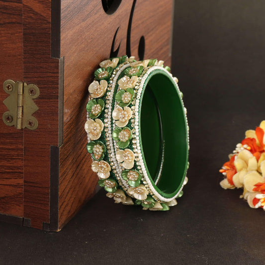 Green Premium Floral Pearl Studded Kada Set - Set of 2