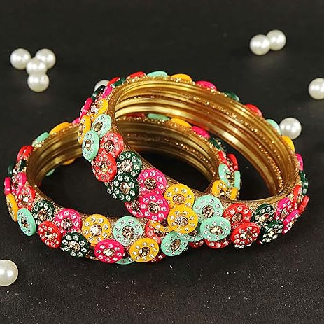 Multicolour Glass Kada Bangles for Women & Girls | Floral Stone Work Designer Bangles | Set of 2