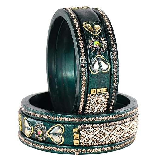 Traditional Dark Green Golden Zircon & White Moti Bangle Set (Set of 6)