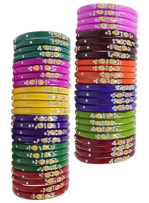 Glass Bangles Set – Pack of 48 | 12 Multicolor Designs with Golden & Stone Work