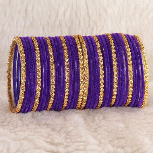 Premium Glass & Golden Beads Velvet Bangles Set – Pack of 34 (Jamuni Color)