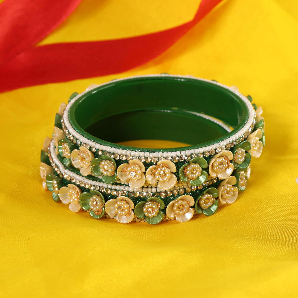 Green Premium Floral Pearl Studded Kada Set - Set of 2