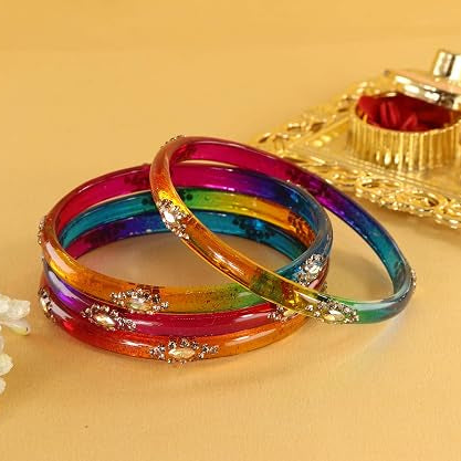 Glass Bangles set With Golden Crystal-Zircon Stone & Floral Work- Pack of 4