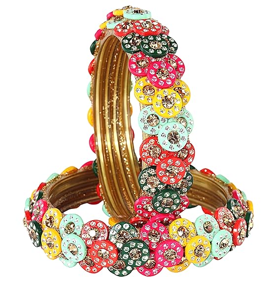 Multicolour Glass Kada Bangles for Women & Girls | Floral Stone Work Designer Bangles | Set of 2