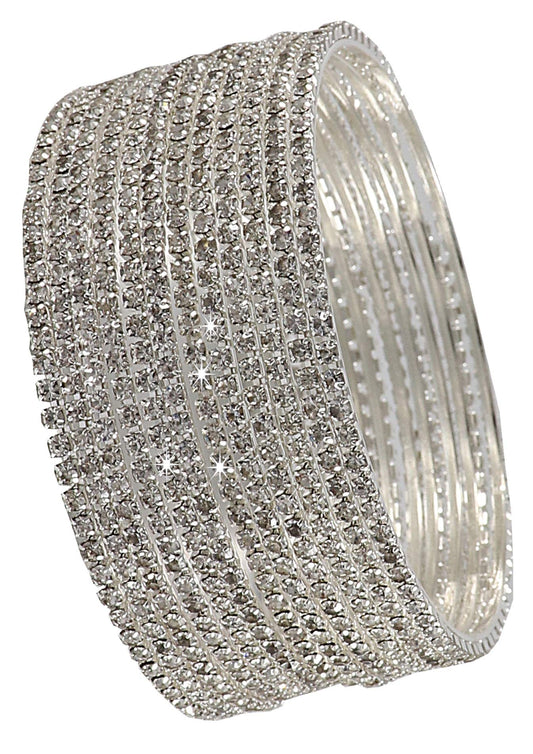12-Piece Silver Crystal Stone Bangles – Elegant Party & Bridal Wear