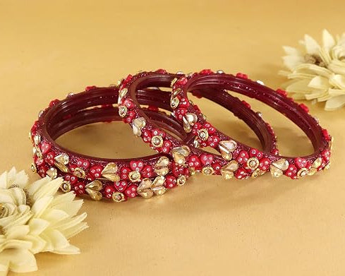 Glass Bangles Kada Set With Kundan & Zircon Stone Work - Pack of 4
