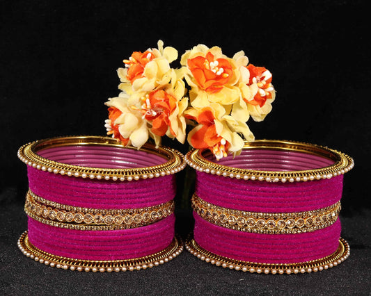 Magenta Velvet Bridal Chuda Set – Metal Base with Zircon Diamond-Studded Bangles