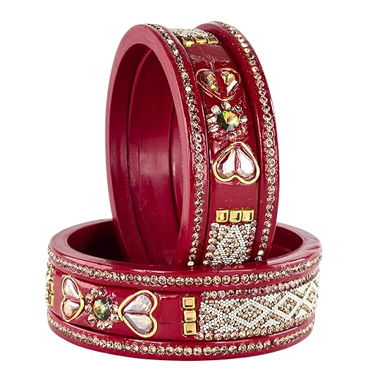 The Golden Zircon Diamond & Kundan Work Red Bangle Set with White Moti (Set of 6)