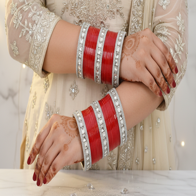 Red Acrylic Bridal Chuda – With Diamond-Cut Stone Bangles & Kada
