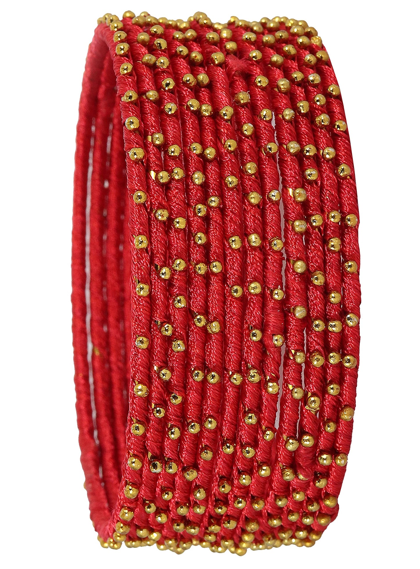Red Silk Thread Ball Stone Linked Glossy Bangle Set for Women & Girls | Pack of 12