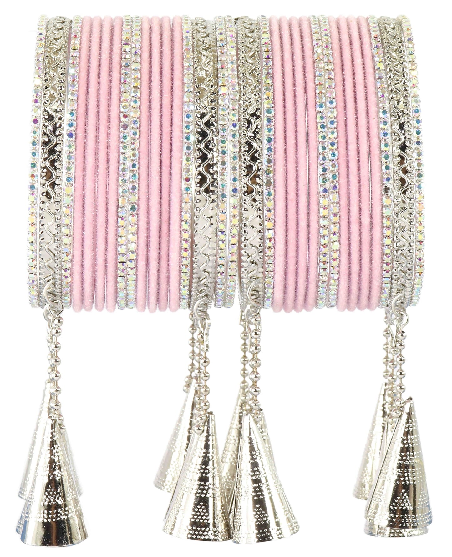 Elegant Baby Pink Velvet Zircon Stone Chuda Set with Silver Latkan – Set of 32