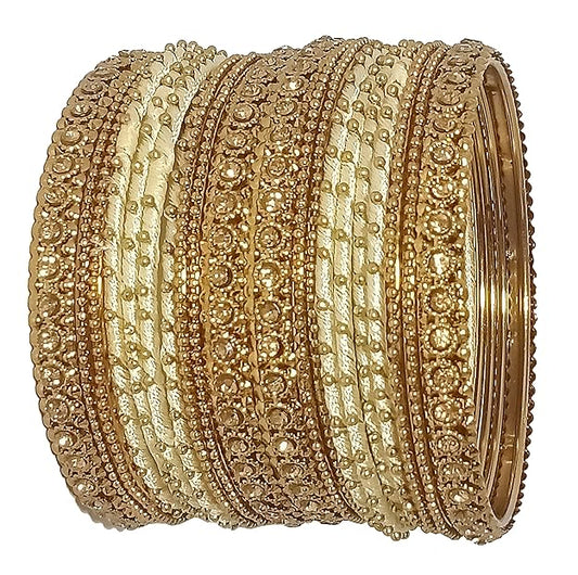 Golden Zircon Gemstone & Silk Thread Studded worked Ball Chain Linked Stylish Bangle Set For Women and Girls