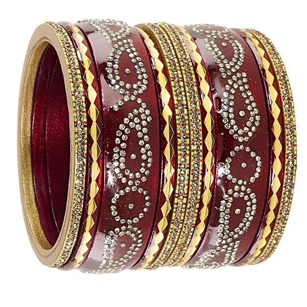 ✨ Maroon Lac Zircon Diamond Stone Bangles – Pack of 10