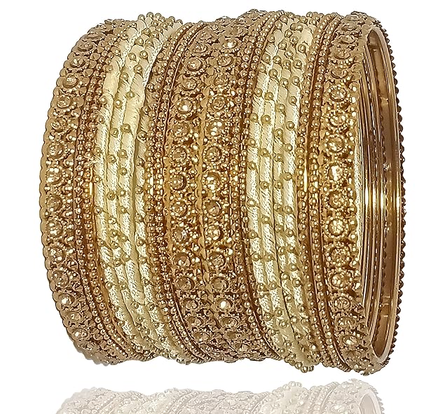 Golden Zircon Gemstone & Silk Thread Studded worked Ball Chain Linked Stylish Bangle Set For Women and Girls