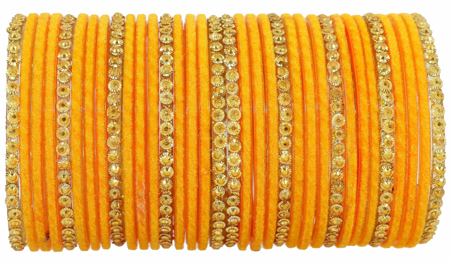 Premium Glass & Golden Beads Velvet Bangles Set – Pack of 34 (Orange Color)