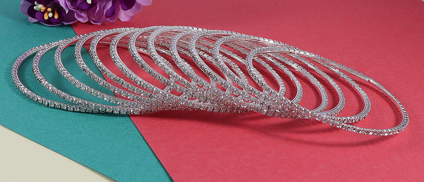 12-Piece Silver Crystal Stone Bangles – Elegant Party & Bridal Wear
