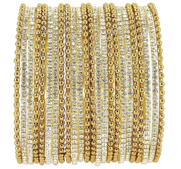 Stylish Golden Metal Bangles with Diamond-Cut Zircon –Pack of 24