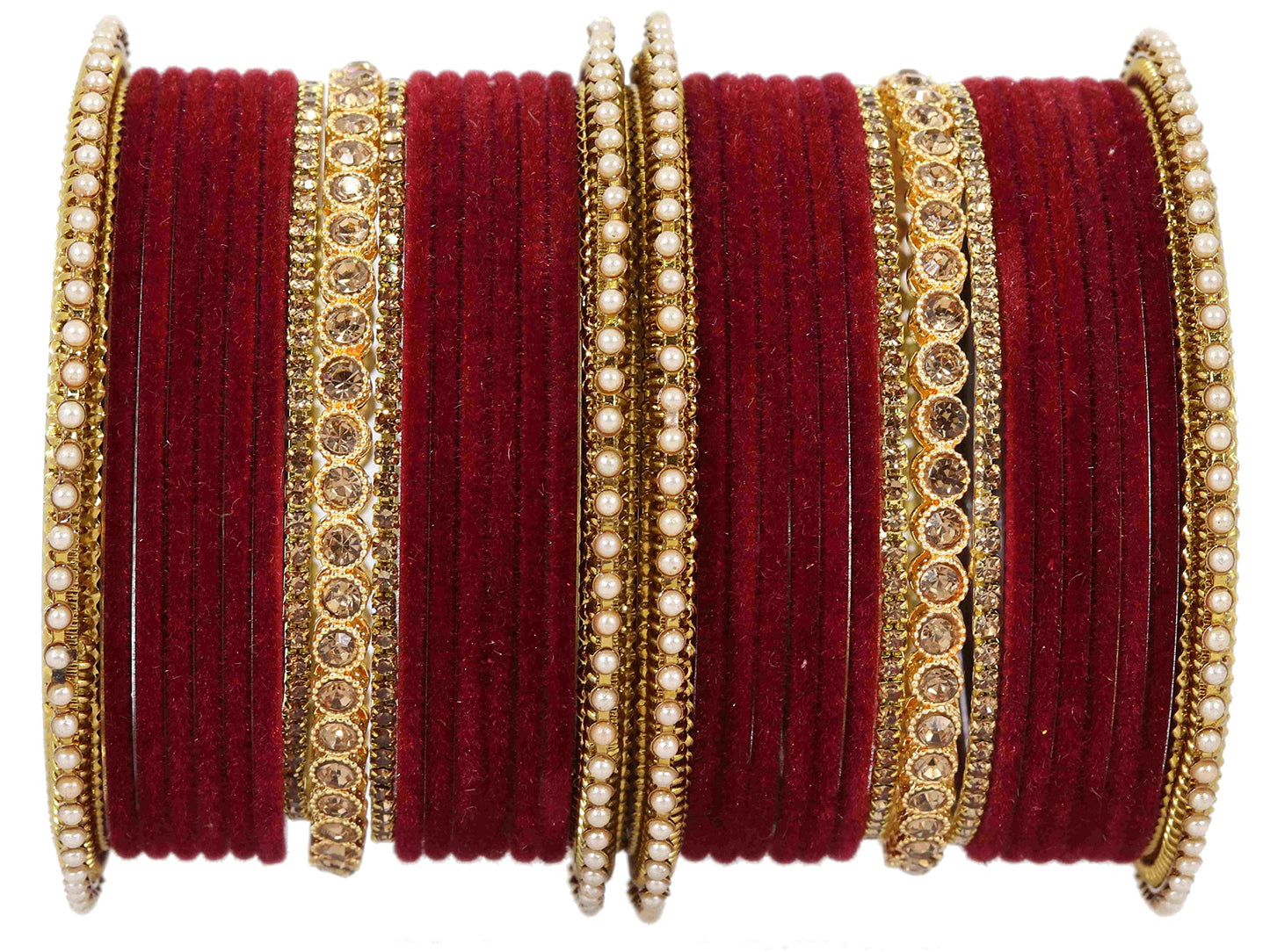 Maroon Velvet Zircon Bridal Chuda Set – Gold-Plated Metal Bangles with Pearl Detailing