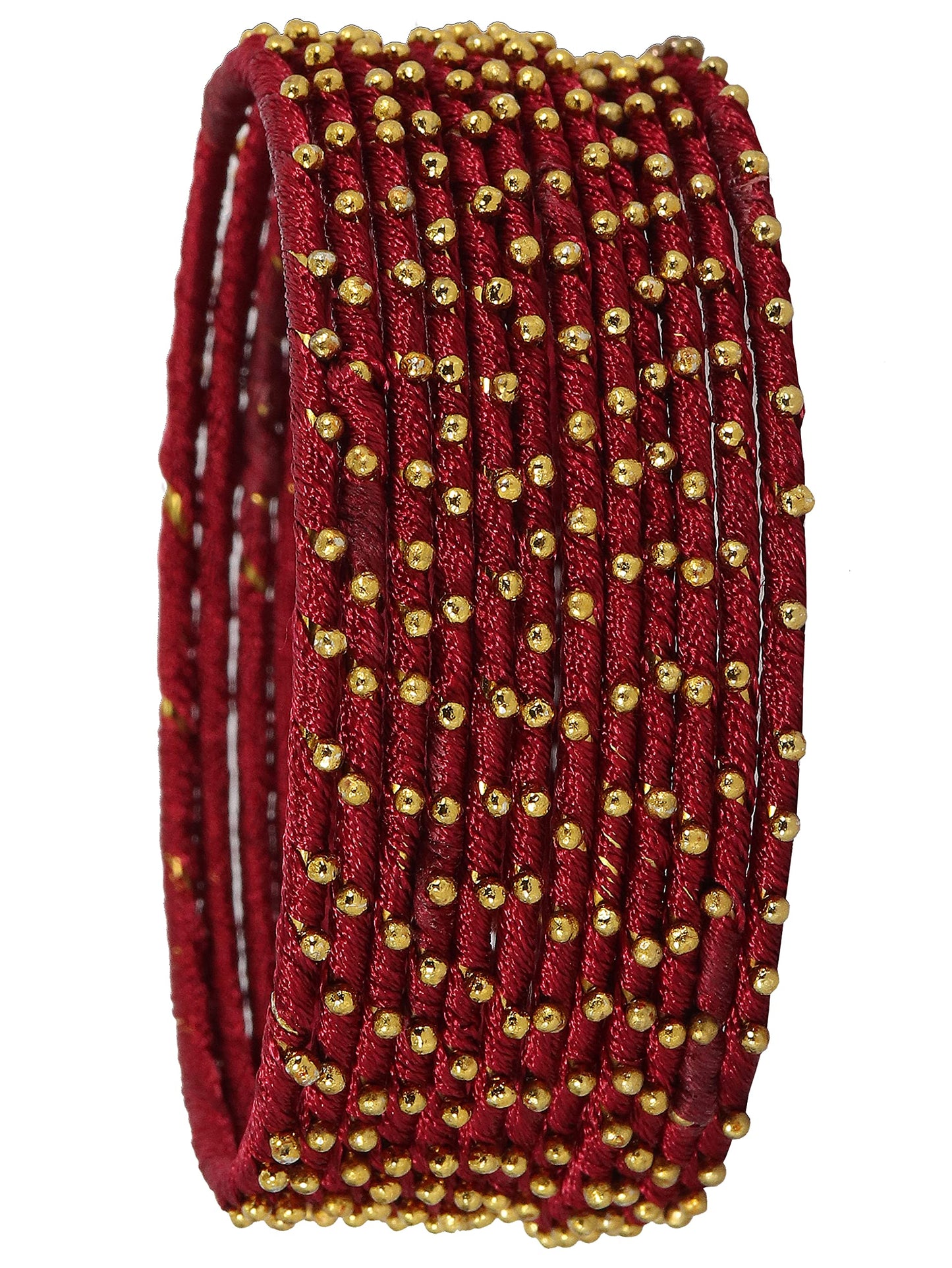 Maroon Silk Thread Ball Stone Linked Glossy Bangle Set for Women & Girls | Pack of 12
