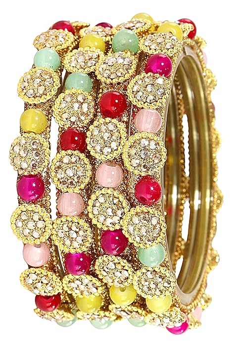 Gold Floral Glass Kada with Multicolour Stone Work (Set of 4)