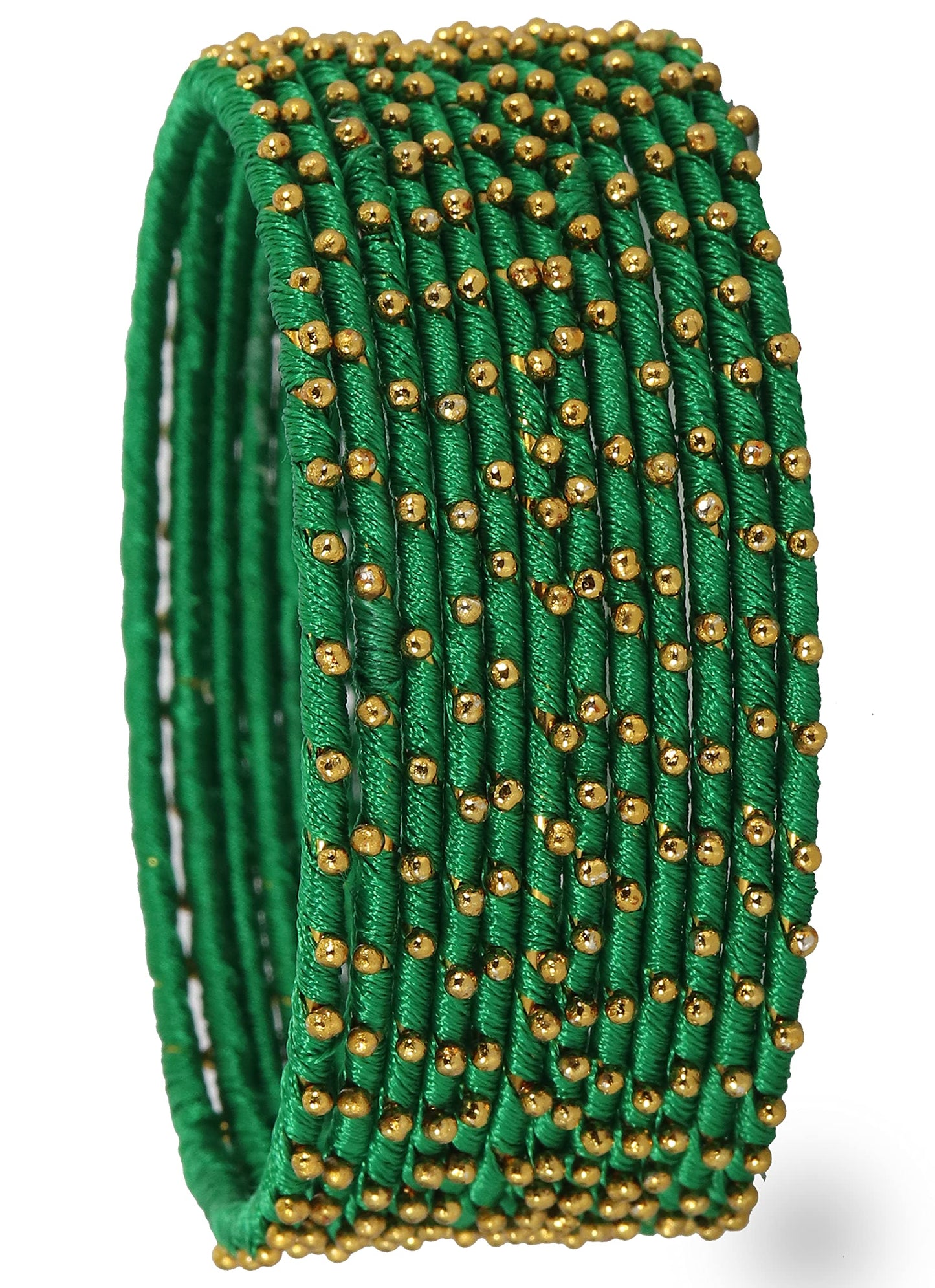 Green Silk Thread Ball Stone Linked Glossy Bangle Set for Women & Girls | Pack of 12