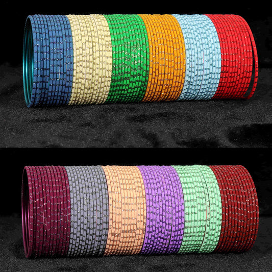 Metal Colourful Bangles Combo | Glitter Zari Polka Dots | Set of 144 | 12 Vibrant Colours
